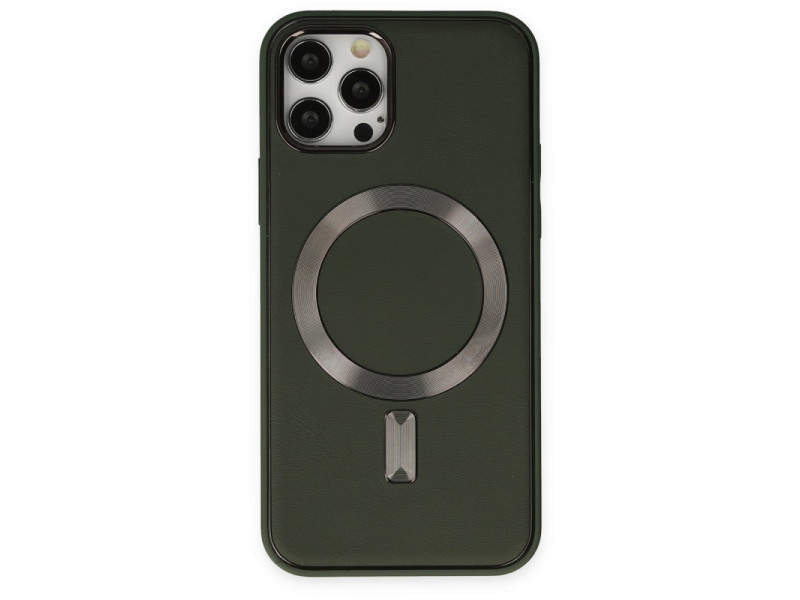 Newface iPhone 12 Pro Kılıf Coco Deri Magneticsafe Silikon - Haki Yeşil