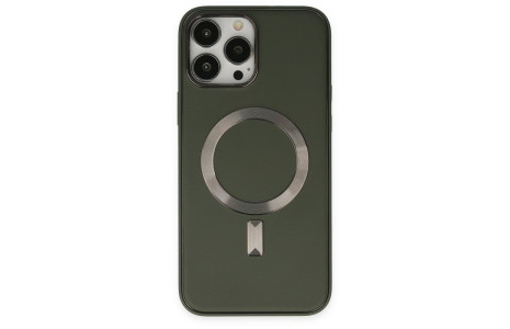 Newface iPhone 14 Pro Max Kılıf Coco Deri Magneticsafe Silikon - Haki Yeşil