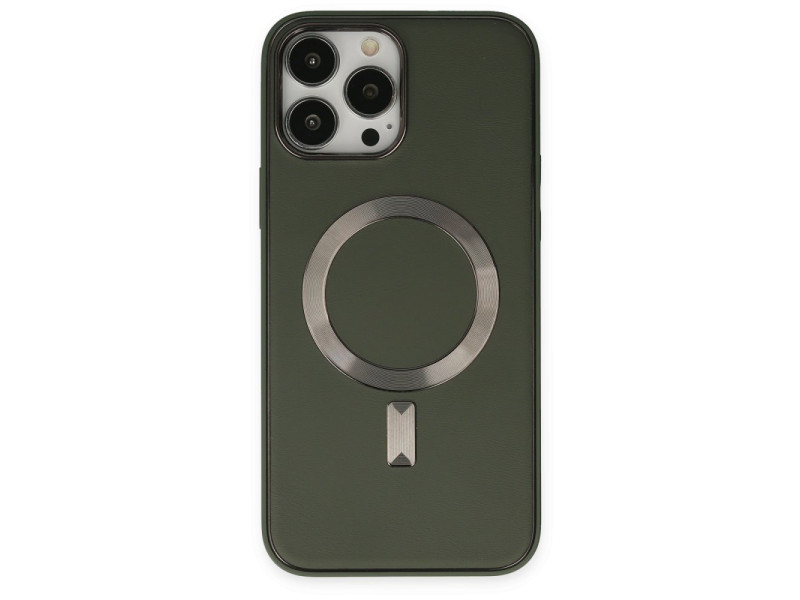 Newface iPhone 14 Pro Max Kılıf Coco Deri Magneticsafe Silikon - Haki Yeşil