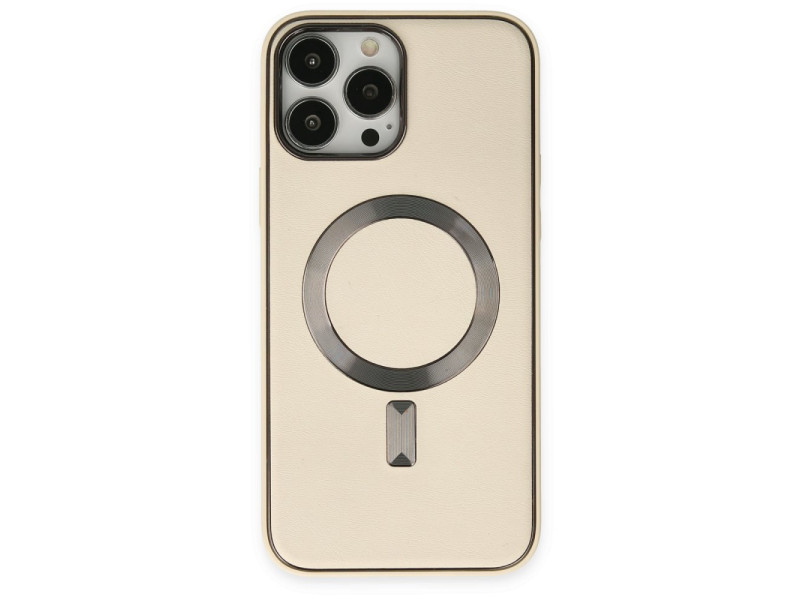 Newface iPhone 14 Pro Max Kılıf Coco Deri Magneticsafe Silikon - Krem