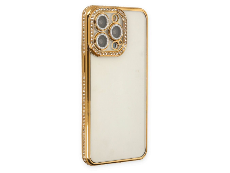 Newface iPhone 14 Pro Max Kılıf Joke Taşlı Silikon - Gold