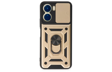 Newface Vivo Y16 Kılıf Pars Lens Yüzüklü Silikon - Gold