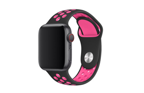 Newface Apple Watch 45mm Spor Delikli Kordon - Siyah-Koyu Pembe
