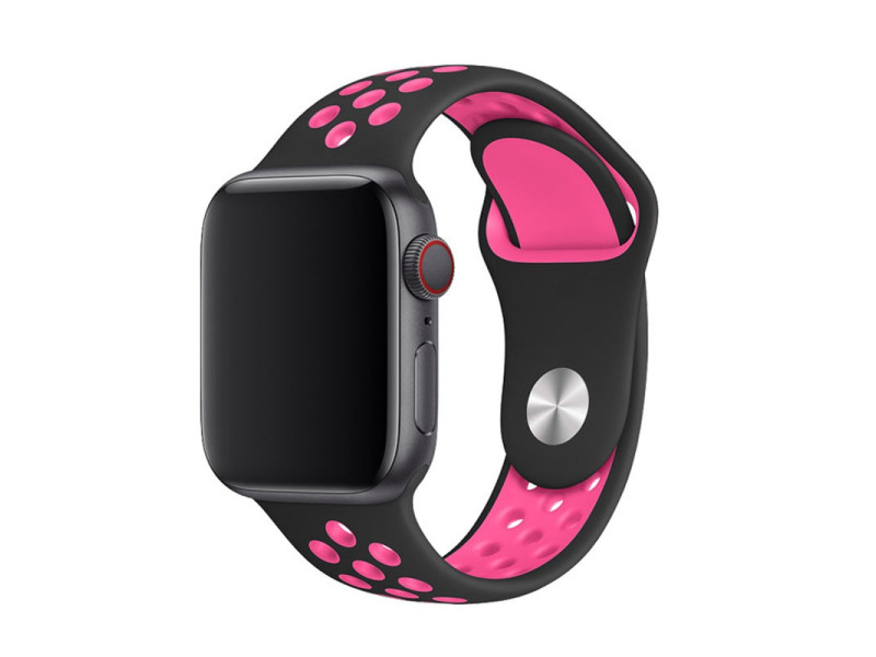 Newface Apple Watch 44mm Spor Delikli Kordon - Siyah-Koyu Pembe
