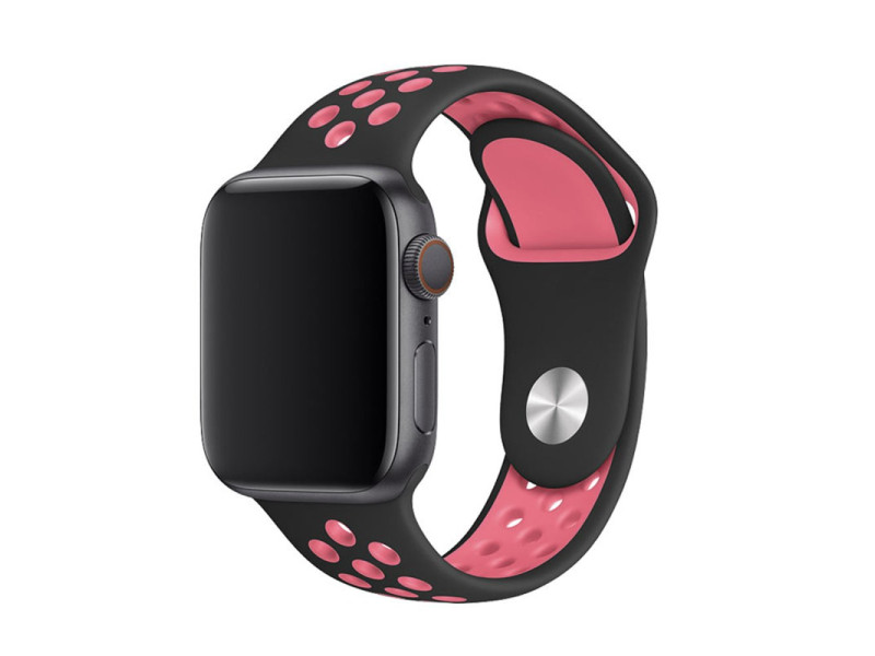 Newface Apple Watch 44mm Spor Delikli Kordon - Siyah-Pembe