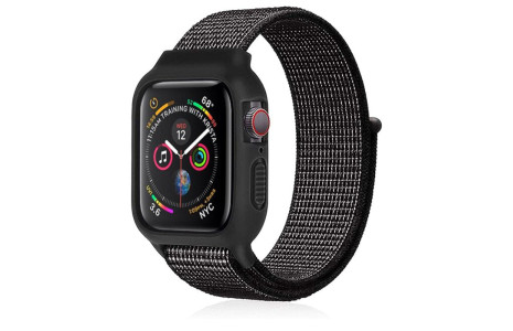 Newface Apple Watch 42mm Hasırlı Cırtcırtlı Kasalı Kordon - Benekli Siyah