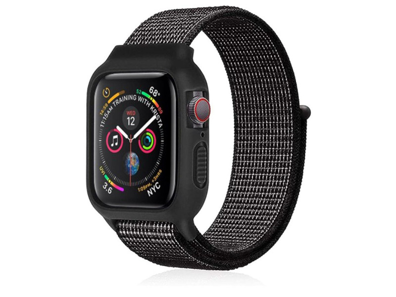 Newface Apple Watch 40mm Hasırlı Cırtcırtlı Kasalı Kordon - Benekli Siyah