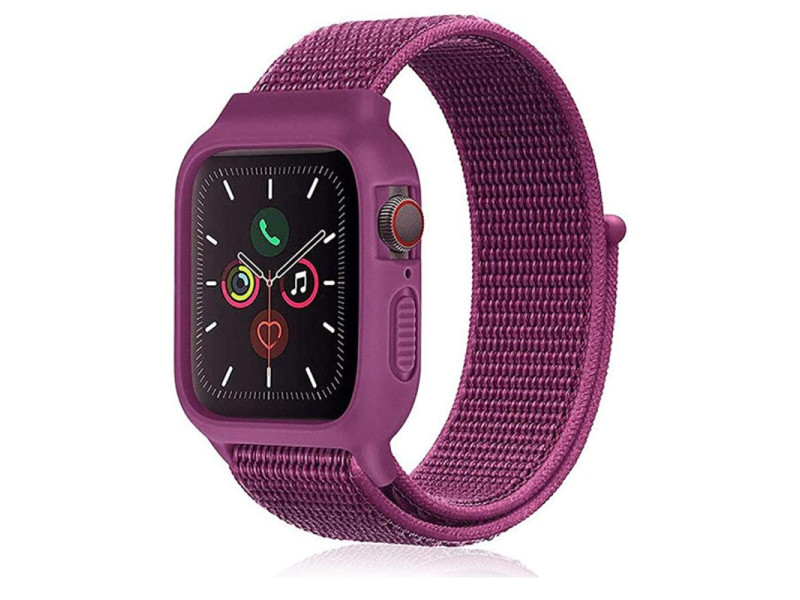 Newface Apple Watch 42mm Hasırlı Cırtcırtlı Kasalı Kordon - Fuşya