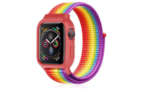 Newface Apple Watch 42mm Hasırlı Cırtcırtlı Kasalı Kordon - Gökkuşağı