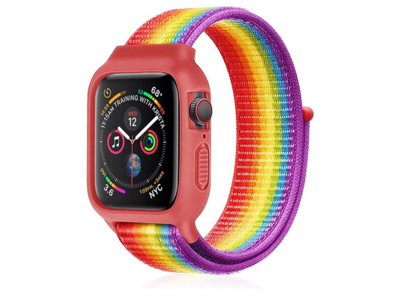 Newface Apple Watch 42mm Hasırlı Cırtcırtlı Kasalı Kordon - Gökkuşağı