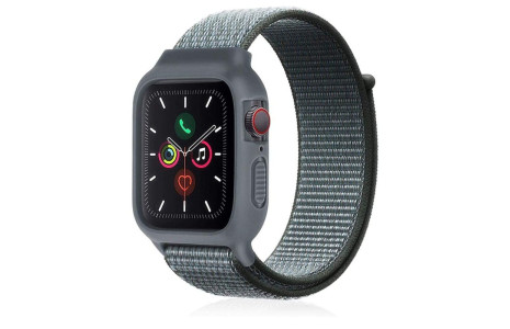 Newface Apple Watch 42mm Hasırlı Cırtcırtlı Kasalı Kordon - Gri-Turkuaz