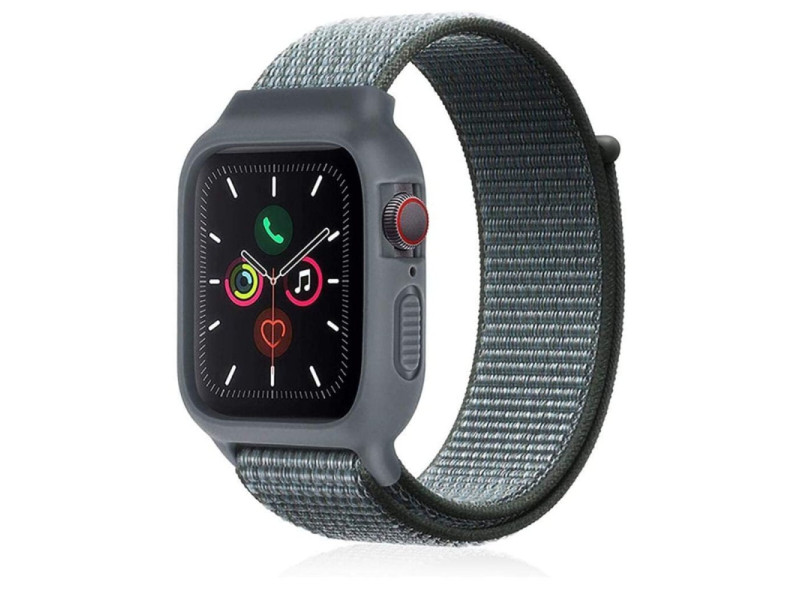 Newface Apple Watch 42mm Hasırlı Cırtcırtlı Kasalı Kordon - Gri-Turkuaz