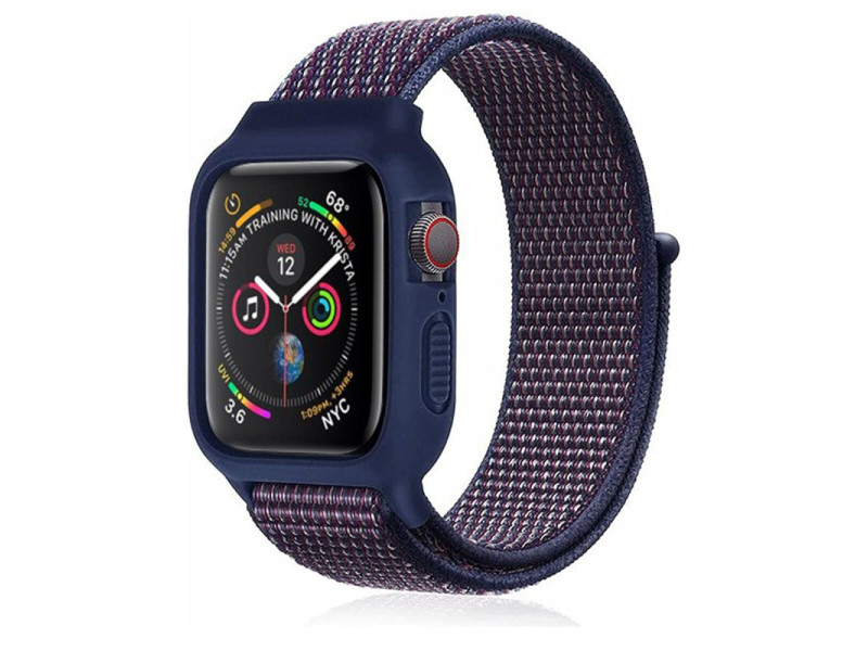 Newface Apple Watch 40mm Hasırlı Cırtcırtlı Kasalı Kordon - Lacivert-Mürdüm