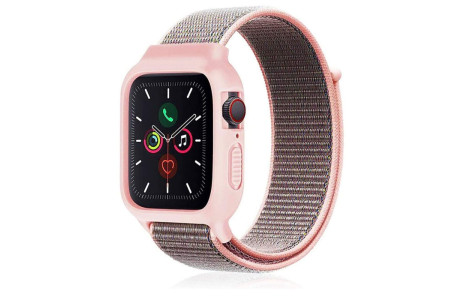 Newface Apple Watch 40mm Hasırlı Cırtcırtlı Kasalı Kordon - Pembe