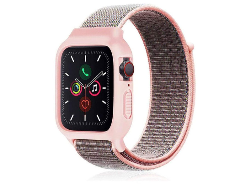 Newface Apple Watch 40mm Hasırlı Cırtcırtlı Kasalı Kordon - Pembe