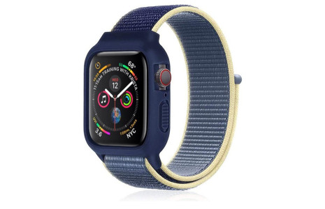 Newface Apple Watch 40mm Hasırlı Cırtcırtlı Kasalı Kordon - Sarı-Lacivert