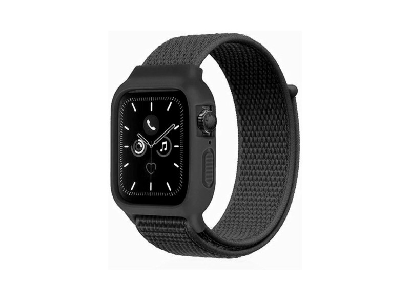 Newface Apple Watch 40mm Hasırlı Cırtcırtlı Kasalı Kordon - Siyah
