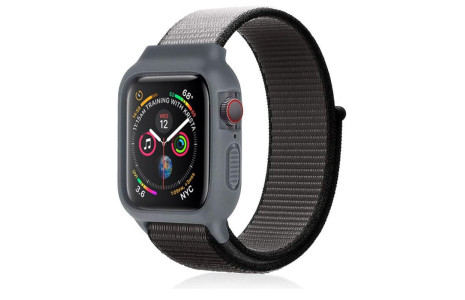 Newface Apple Watch 40mm Hasırlı Cırtcırtlı Kasalı Kordon - Siyah-Gri