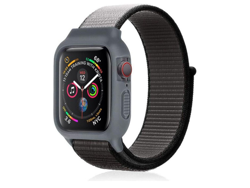 Newface Apple Watch 40mm Hasırlı Cırtcırtlı Kasalı Kordon - Siyah-Gri