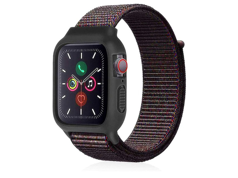 Newface Apple Watch 40mm Hasırlı Cırtcırtlı Kasalı Kordon - Siyah-Mavi