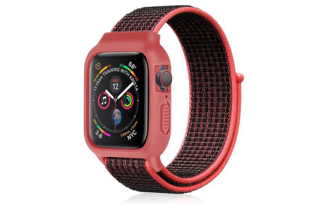 Newface Apple Watch 40mm Hasırlı Cırtcırtlı Kasalı Kordon - Siyah-Pembe