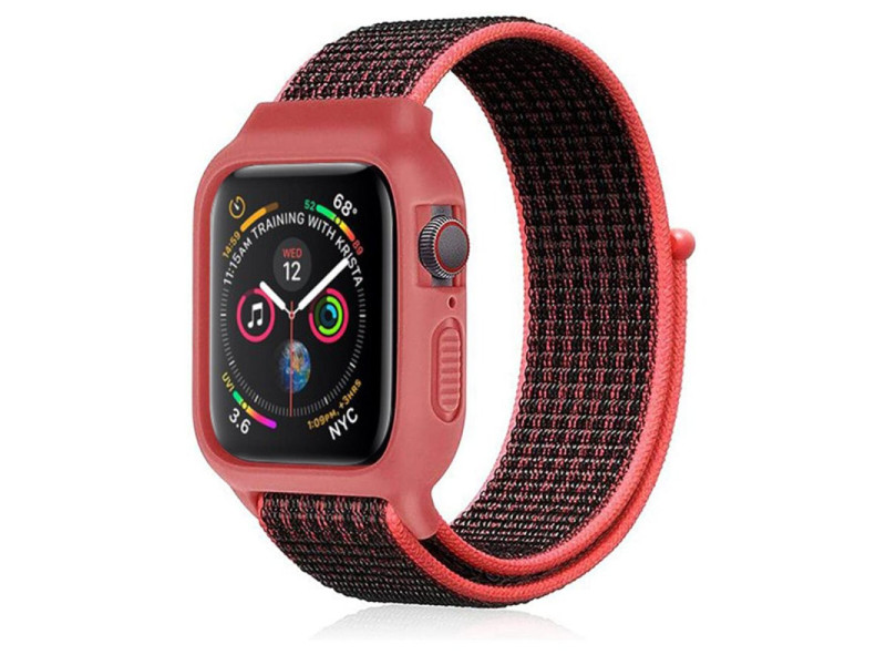 Newface Apple Watch 40mm Hasırlı Cırtcırtlı Kasalı Kordon - Siyah-Pembe