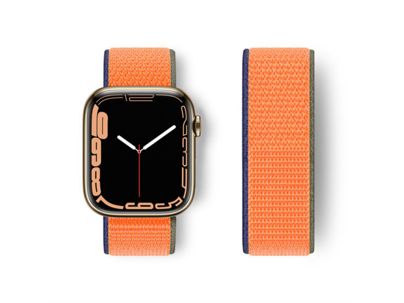 Newface Apple Watch 45mm Hasırlı Cırtcırtlı Kordon - Lacivert-Turuncu