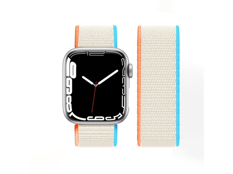 Newface Apple Watch 45mm Hasırlı Cırtcırtlı Kordon - Mavi-Beyaz