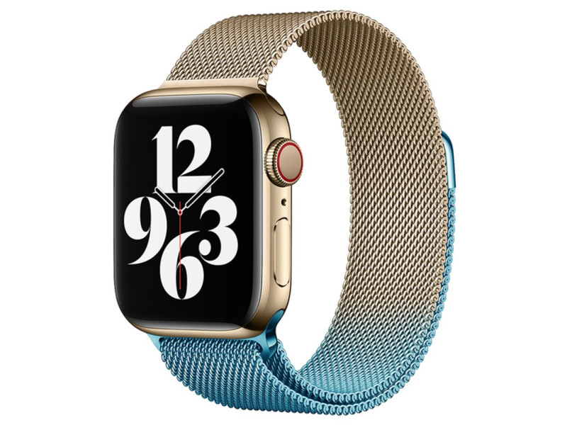 Newface Apple Watch 45mm Metal Mıknatıslı Kordon - Metalik Gold-Mavi