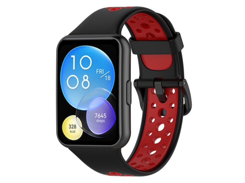 Newface Huawei Watch Fit 2 Spor Delikli Kordon - Siyah-Kırmızı