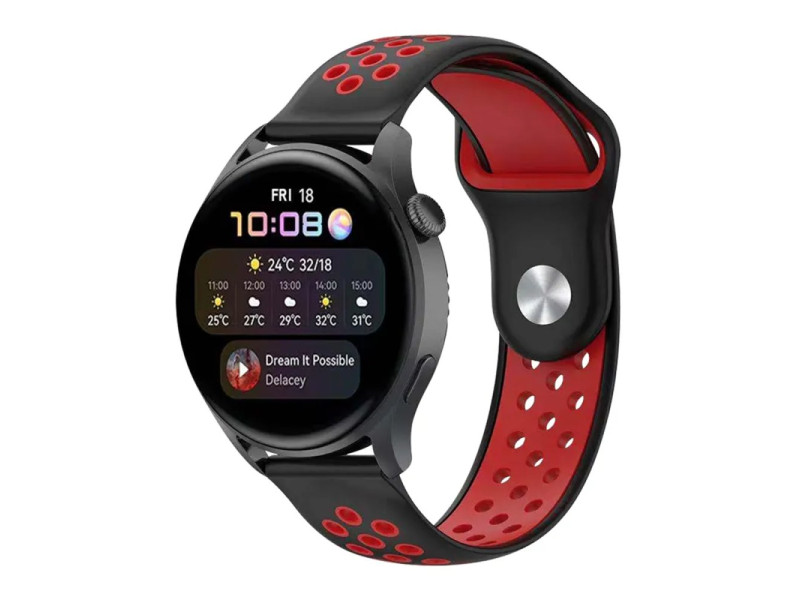 Newface Watch 22mm Spor Delikli Kordon - Siyah-Kırmızı