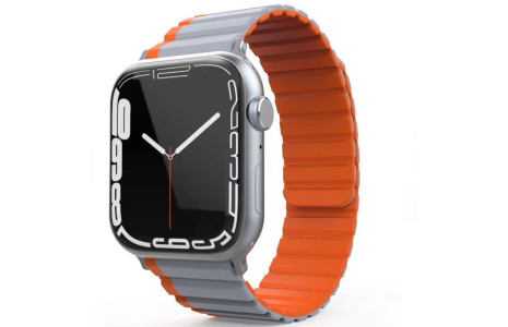 Movenchy Apple Watch 42mm MO-WB1 Çift Renk Mıknatıslı Silikon Kordon - Gri-Turuncu