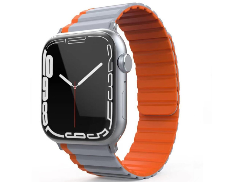 Movenchy Apple Watch 42mm MO-WB1 Çift Renk Mıknatıslı Silikon Kordon - Gri-Turuncu