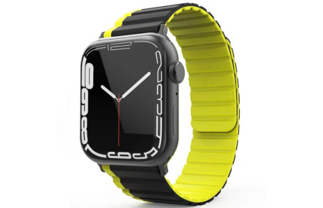 Movenchy Apple Watch Ultra 49mm MO-WB1 Çift Renk Mıknatıslı Silikon Kordon - Siyah-Sarı