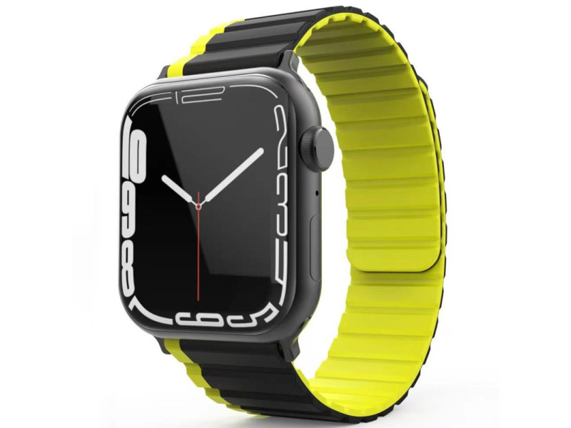 Movenchy Apple Watch Ultra 49mm MO-WB1 Çift Renk Mıknatıslı Silikon Kordon - Siyah-Sarı