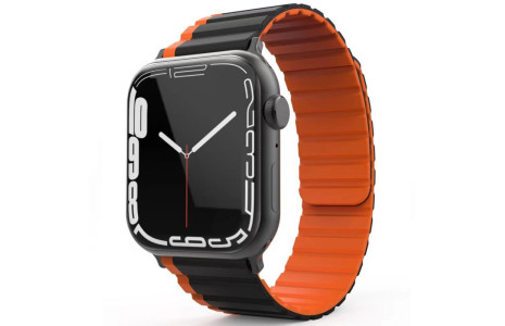 Movenchy Apple Watch Ultra 49mm MO-WB1 Çift Renk Mıknatıslı Silikon Kordon - Siyah-Turuncu