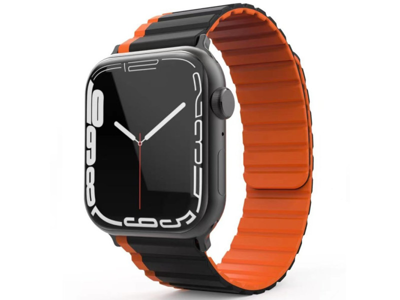Movenchy Apple Watch Ultra 49mm MO-WB1 Çift Renk Mıknatıslı Silikon Kordon - Siyah-Turuncu