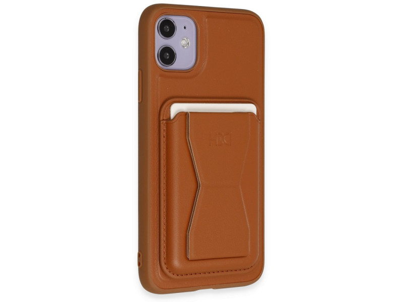 HDD iPhone 11 Kılıf HD Deri Luxury Magnet Kartvizitli Kapak - Kahverengi