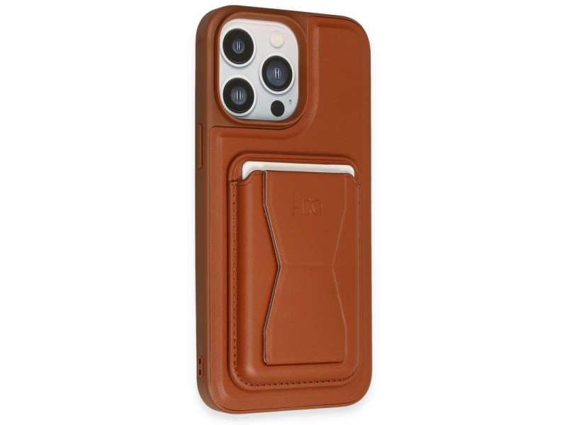HDD iPhone 13 Pro Kılıf HD Deri Luxury Magnet Kartvizitli Kapak - Kahverengi