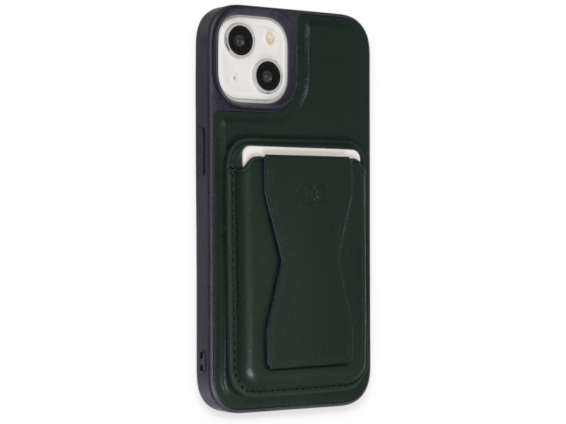 HDD iPhone 14 Kılıf HD Deri Luxury Magnet Kartvizitli Kapak - Koyu Yeşil