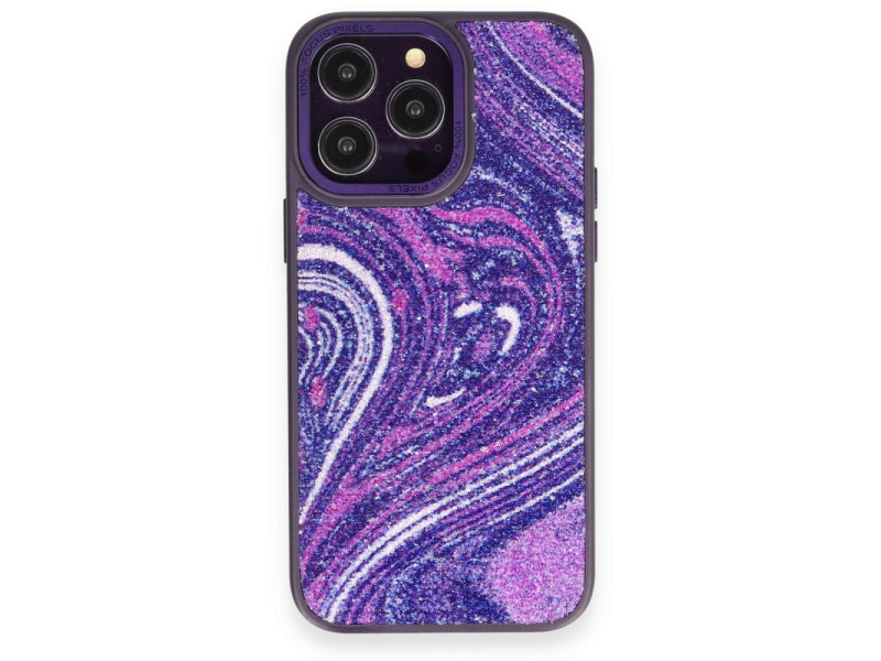 Newface iPhone 14 Pro Kılıf Moda Simli Kapak - Derin Mor