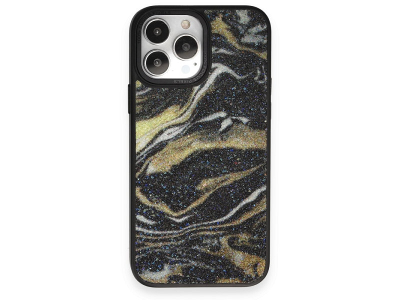 Newface iPhone 14 Pro Kılıf Moda Simli Kapak - Siyah