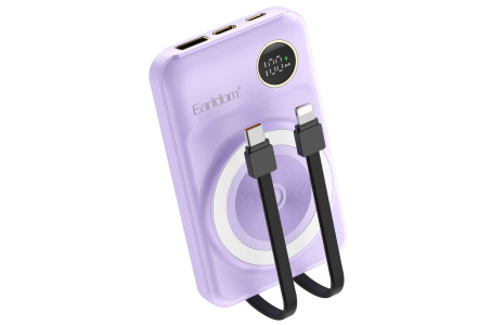 Earldom PD28 10.000 mAh 22.5W Kablosuz Şarjlı Dijital Göstergeli PD Hızlı Şarj Mini Powerbank - Mor