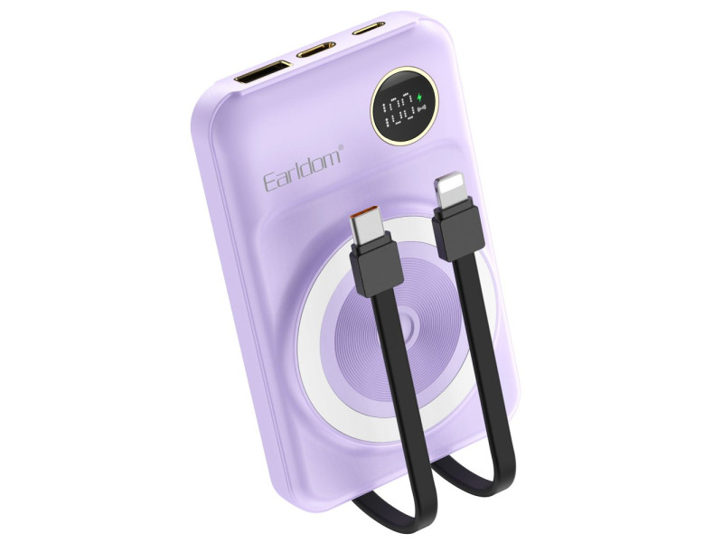 Earldom PD28 10.000 mAh 22.5W Kablosuz Şarjlı Dijital Göstergeli PD Hızlı Şarj Mini Powerbank - Mor