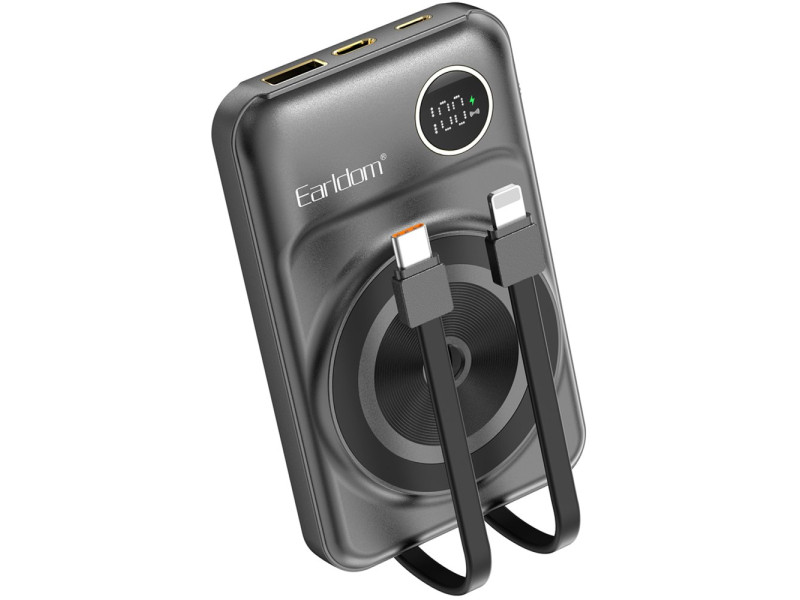 Earldom PD28 10.000 mAh 22.5W Kablosuz Şarjlı Dijital Göstergeli PD Hızlı Şarj Mini Powerbank - Siyah