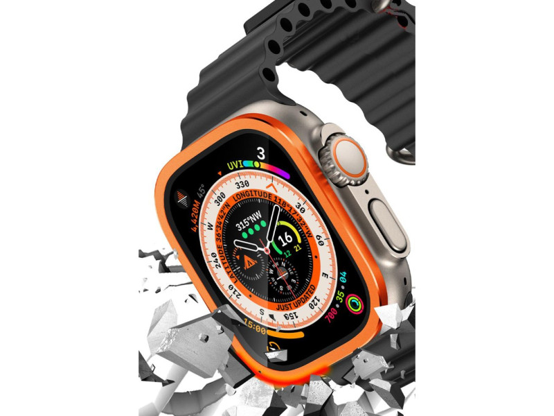 Newface Apple Watch Ultra 49mm Alüminyum Kasa Cam Ekran Koruyucu - Turuncu