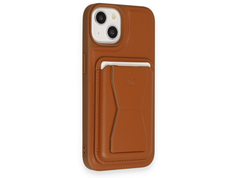 HDD iPhone 15 Kılıf HD Deri Luxury Magnet Kartvizitli Kapak - Kahverengi