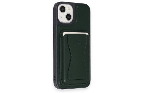 HDD iPhone 15 Kılıf HD Deri Luxury Magnet Kartvizitli Kapak - Koyu Yeşil