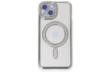 Newface iPhone 15 Kılıf Joke Simli Magneticsafe Kılıf - Gümüş