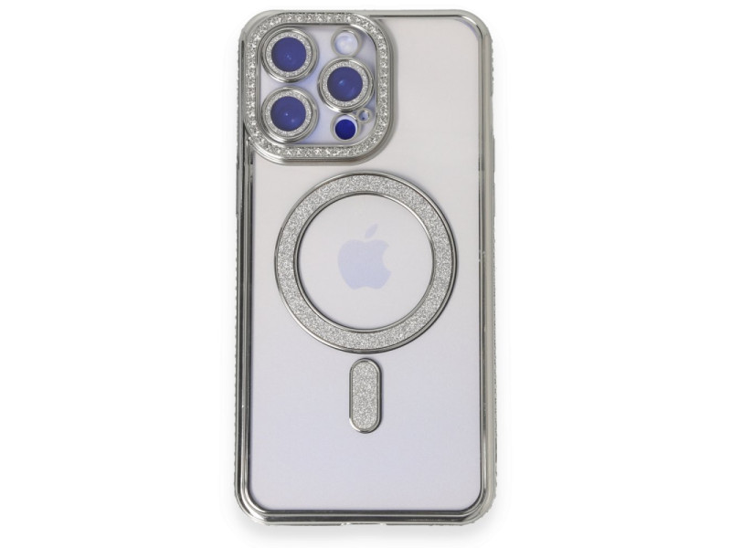 Newface iPhone 15 Pro Max Kılıf Joke Simli Magneticsafe Kılıf - Gümüş